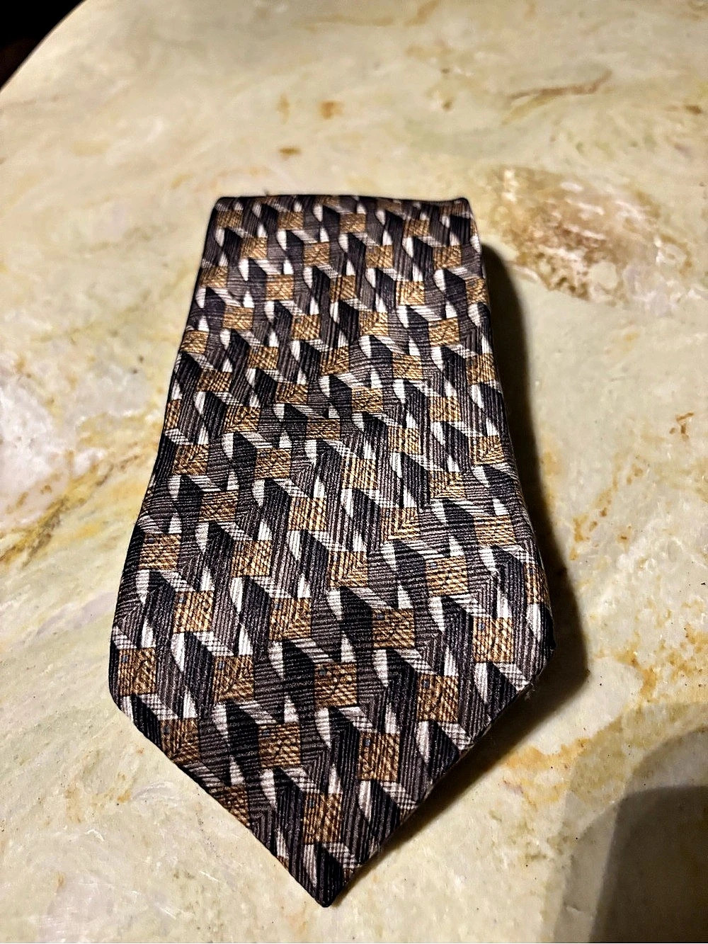Christian Dior Geometric Silk-Style Tie in Brown & Black Like New